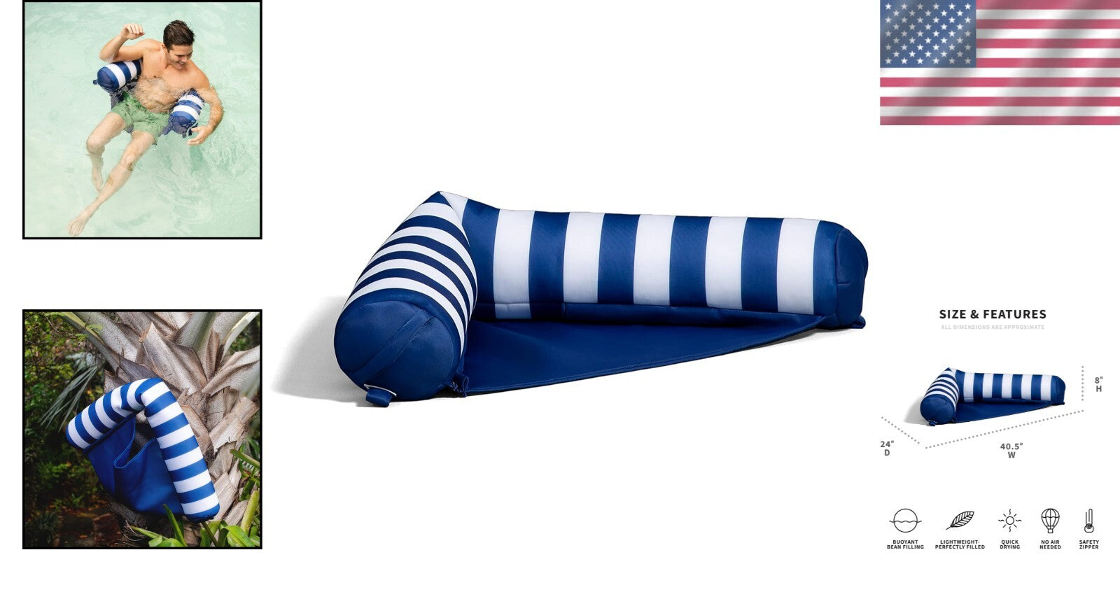 Americana Nautical Stripe Pool Float - Lightweight & Easy Carry for Summer Fun