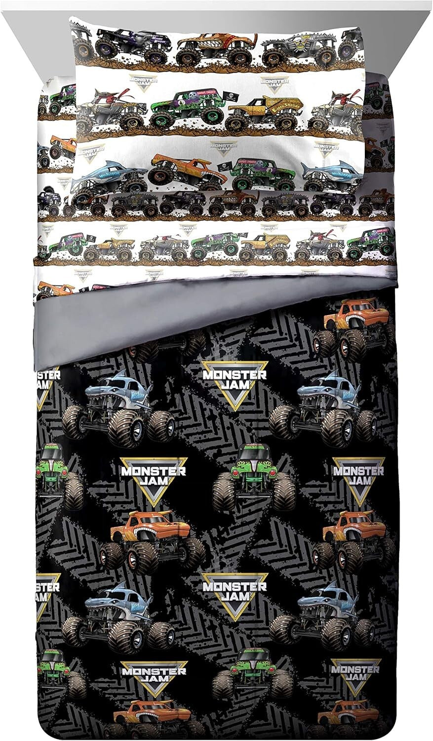 Exciting Monster Truck Full Bed Set - Comforter & Sheets for Kids’ Rooms