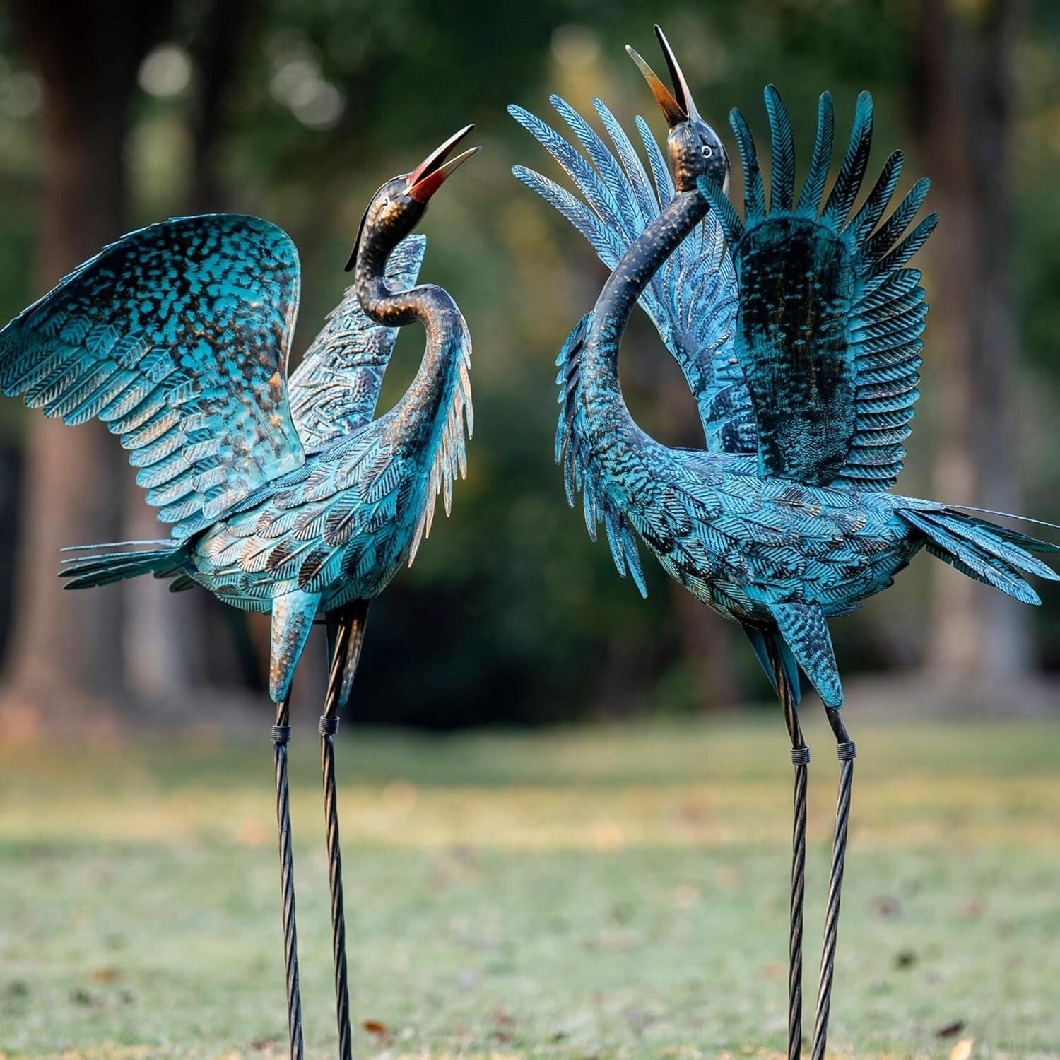 Vivid Blue Metal Crane Statues - Stunning Outdoor Garden Decorations Set