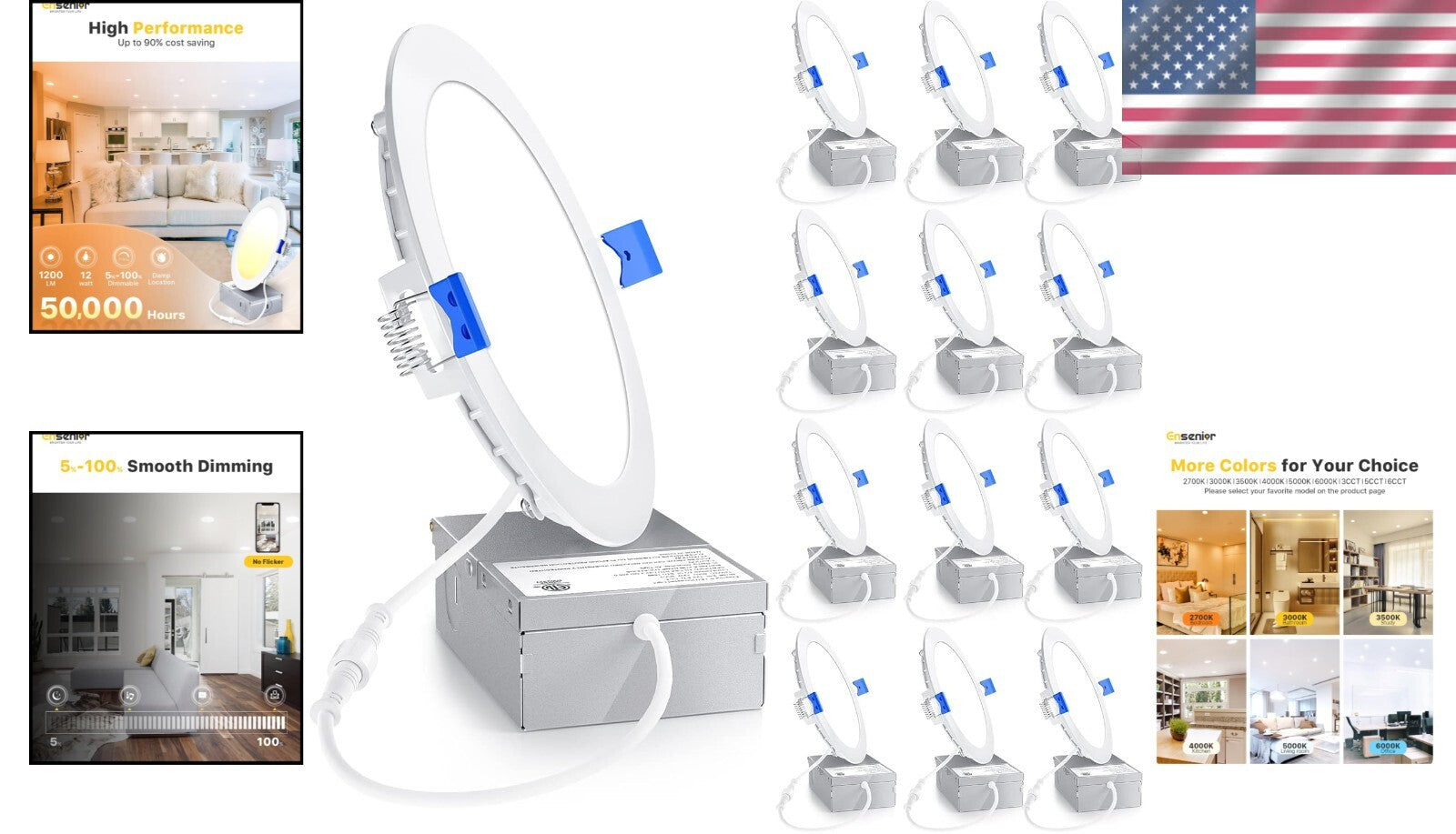 ETL & FCC Certified LED Recessed Lights - 12 Pack, 6 inch, Dimmable Brightness