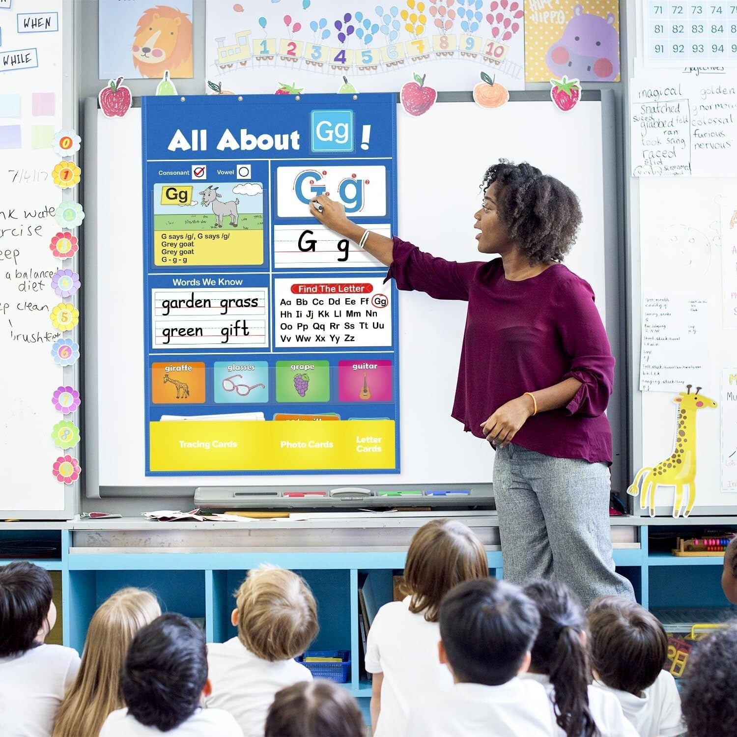 Interactive Alphabet Learning Pocket Chart with Write & Wipe Surface for Kids