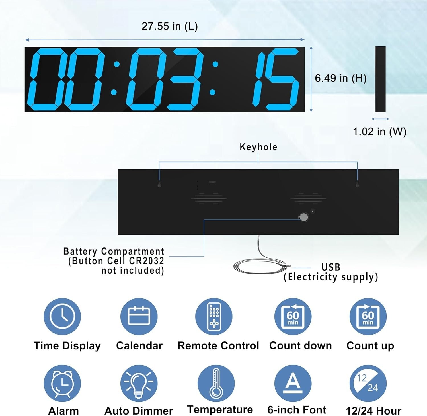 Multifunctional Ice Blue Digital Clock with Countdown Timer & Loud Alarm