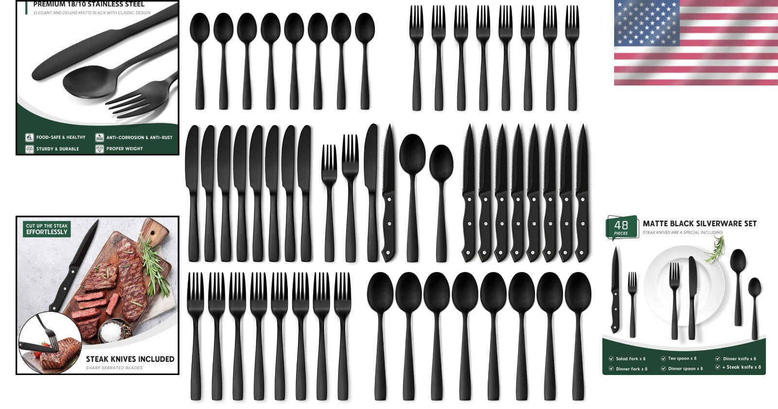 Complete 48-Piece Stainless Steel Matte Black Silverware Set for Upscale Dining