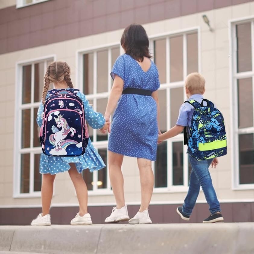 Adjustable Unicorn Backpack for Girls - 3pcs School Set with Insulated Lunch Bag