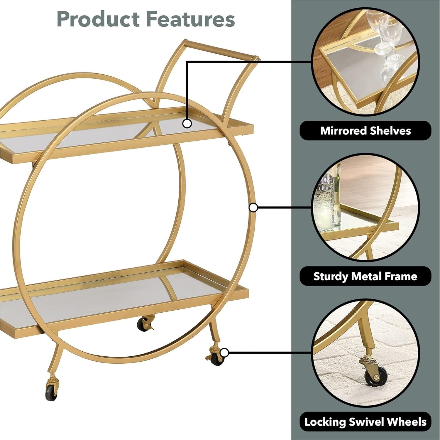 Sophisticated Gold Metal Bar Cart with Mirrors and Locking Wheels - 28 inches
