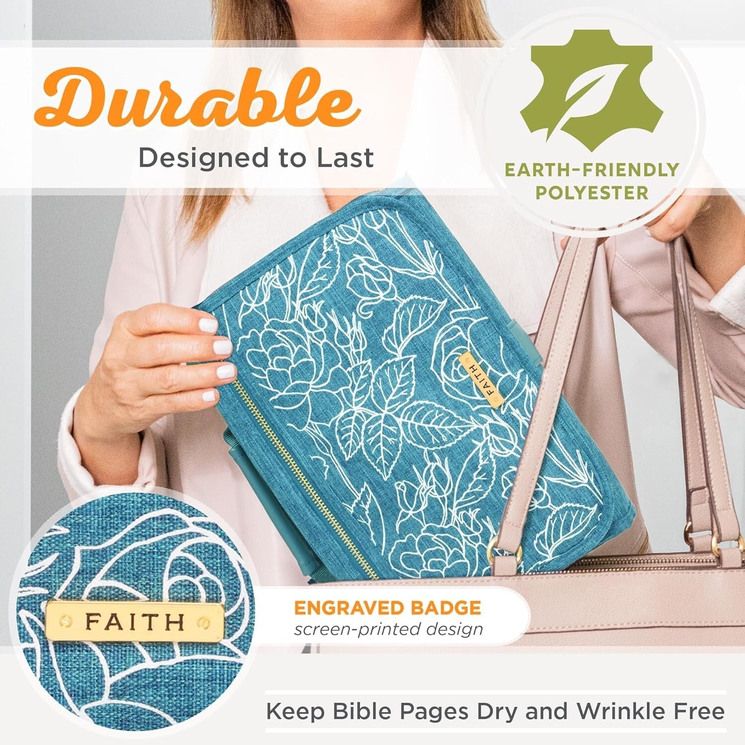 Medium Size Teal Canvas Bible Cover with Zipper and Multi-Compartment Organizer