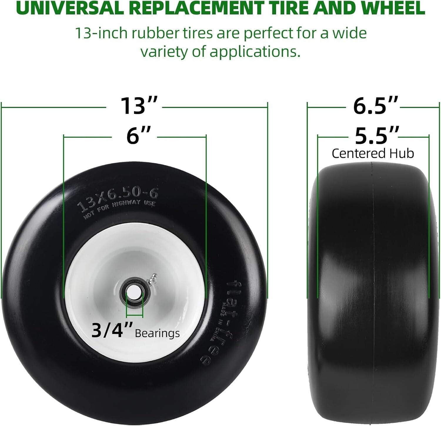 2-Pack Lawn Mower Tires - 13" Flat-Free Rubber with Rim for Smooth Turf Treads