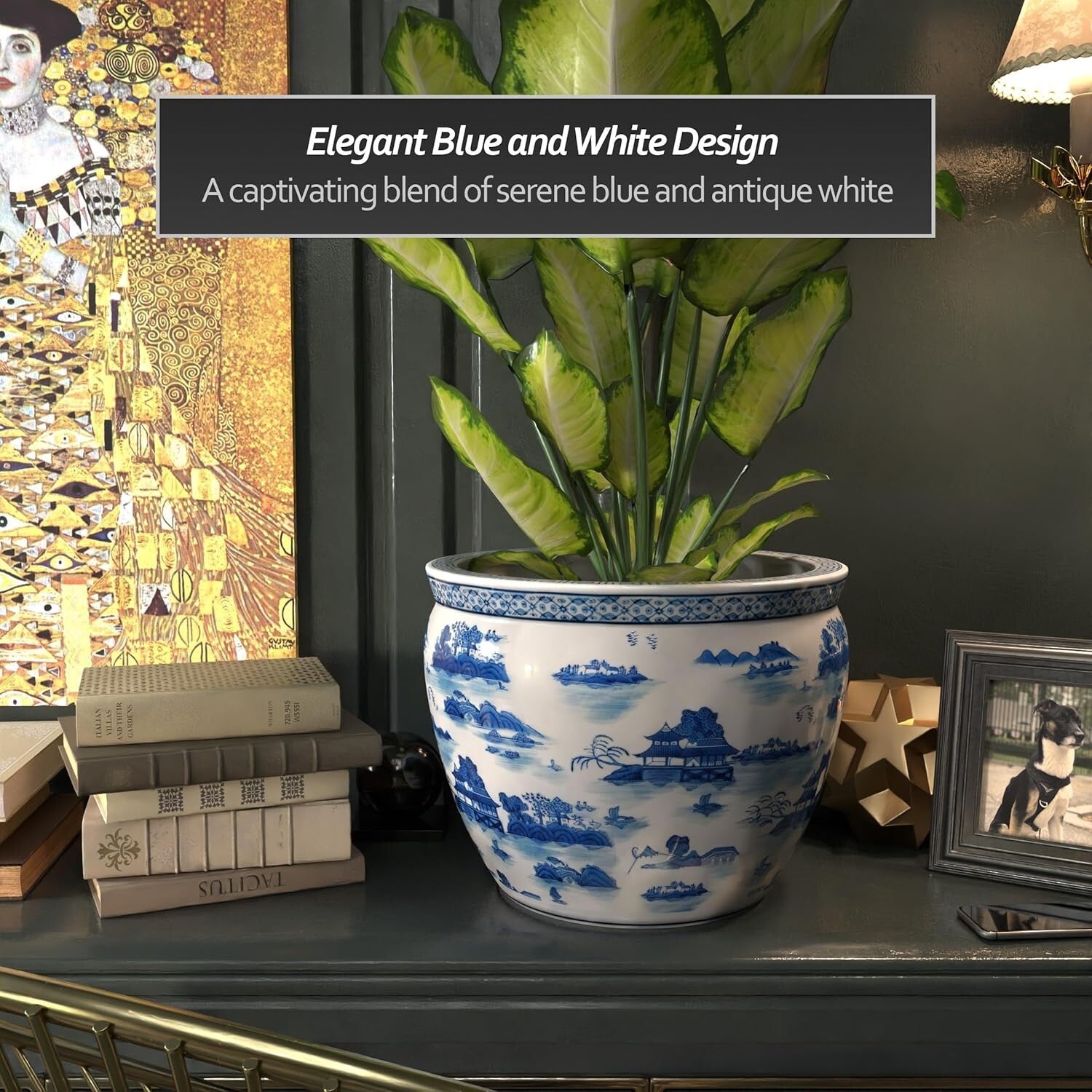 Artisanal 16" Floral Patterned Blue & White Fishbowl Planter – Timeless Elegance