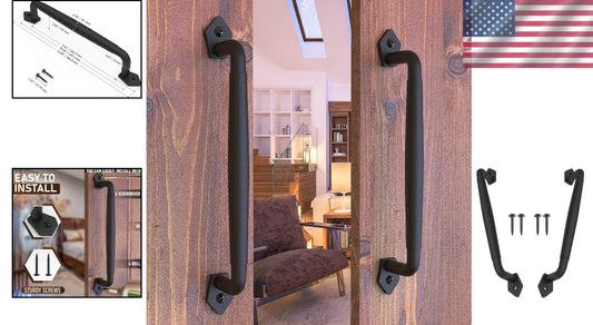 2-Pack 12-Inch Rustic Black Steel Sliding Barn Door Handles - Easy Install