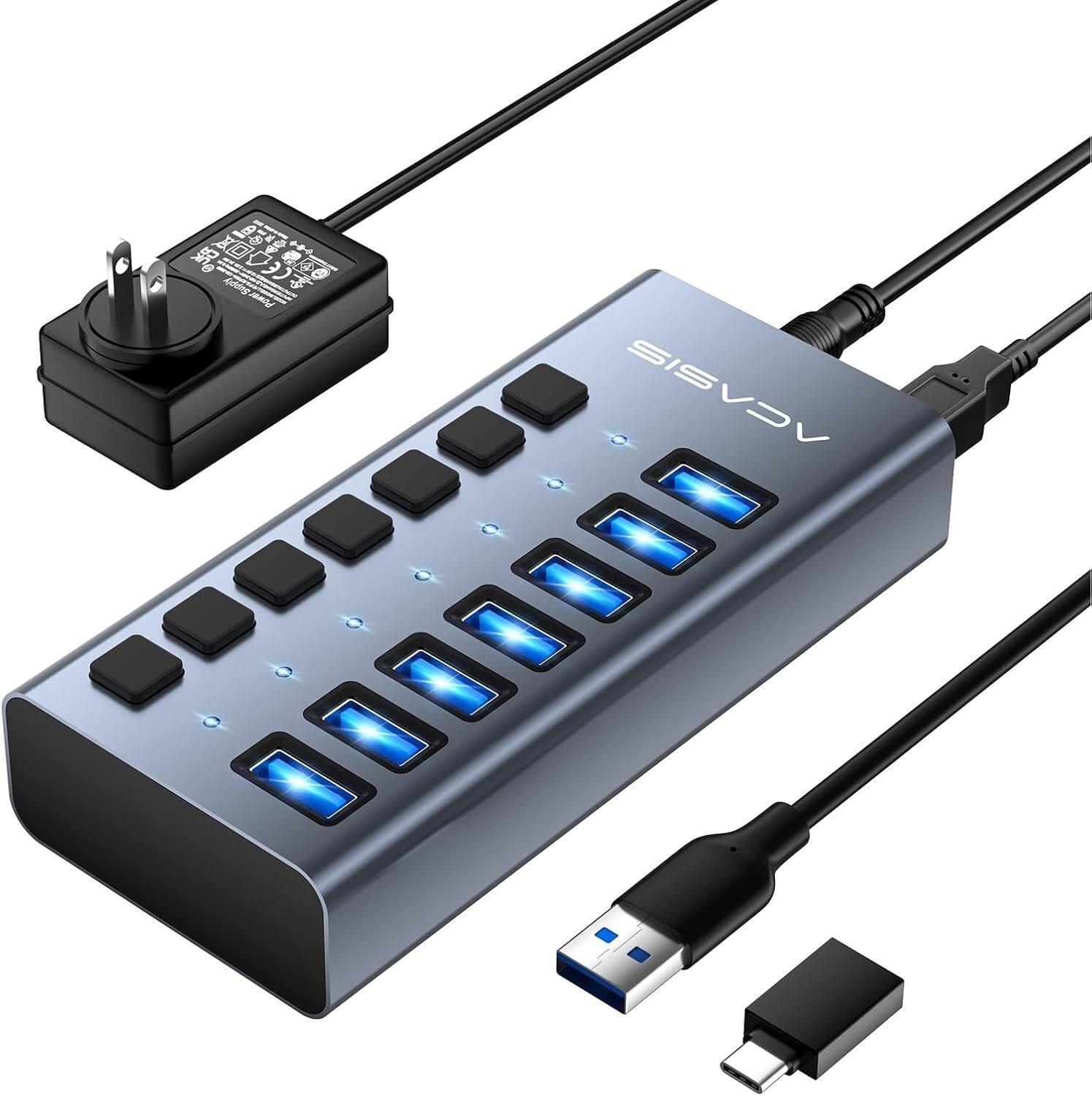 Powered USB 3.1 Hub: 7 High-Speed Ports with Switches for Safe Charging Needs