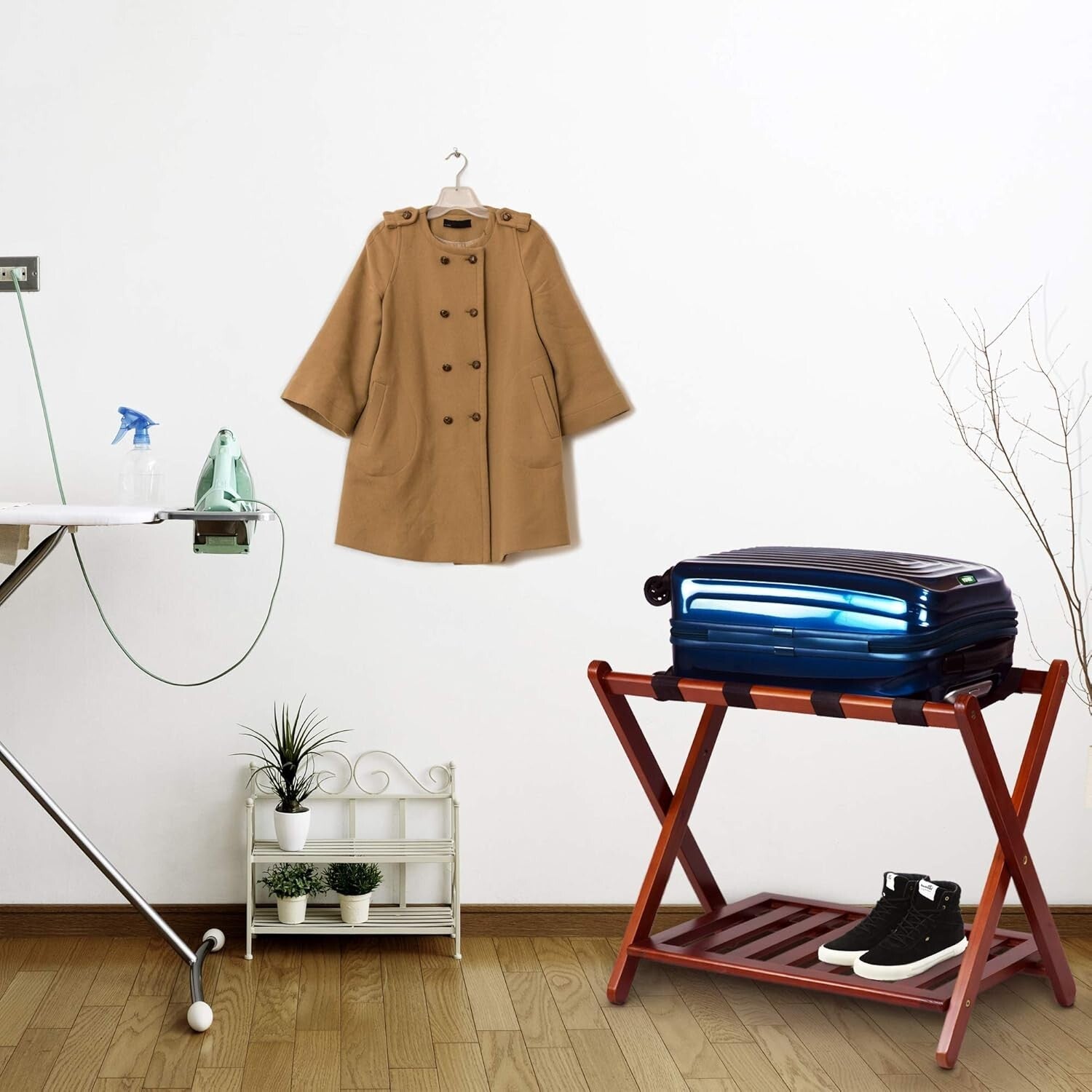 Elegant Walnut Luggage Rack - Sturdy Solid Wood with Convenient Double Levels