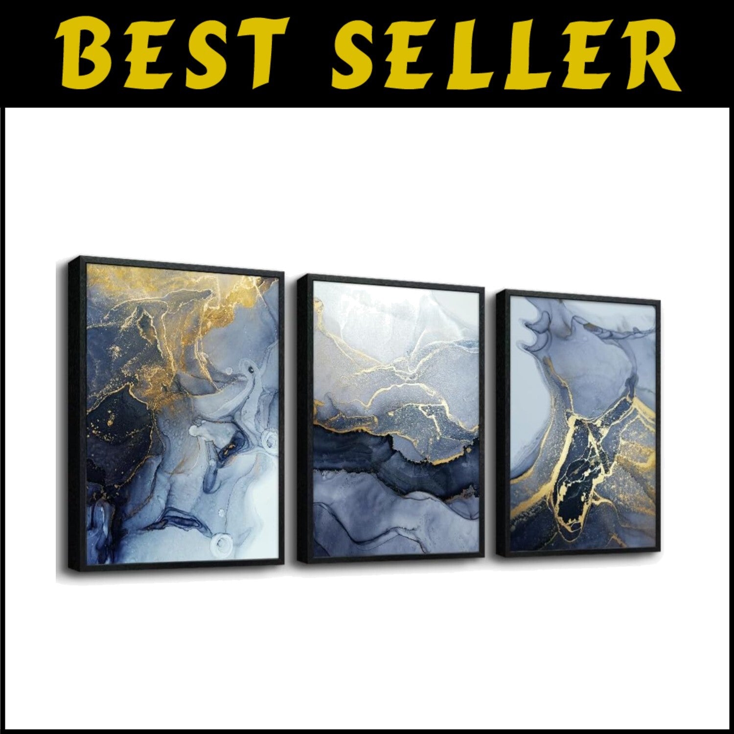 Eye-Catching 3 Panel Abstract Ink Painting – Black Framed Wall Art 20x28 in