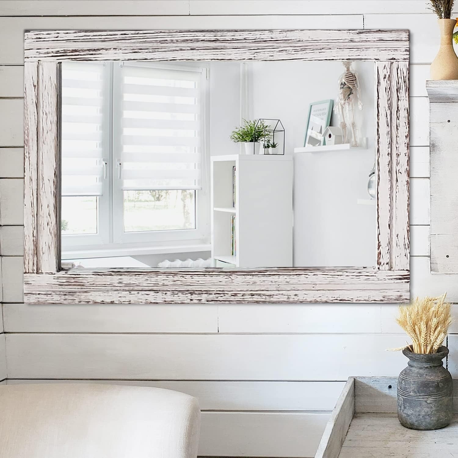 28"x18" Decorative Rustic White Framed Wall Mirror - Perfect for Home Styling