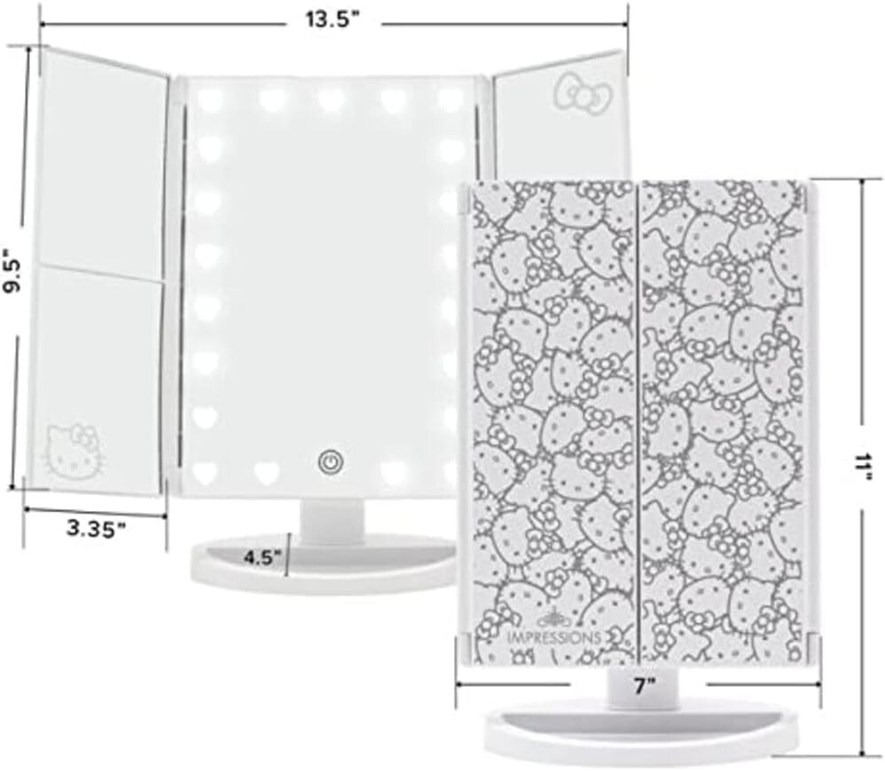 Portable Hello Kitty Trifold Mirror with LED Lights and Magnification Features