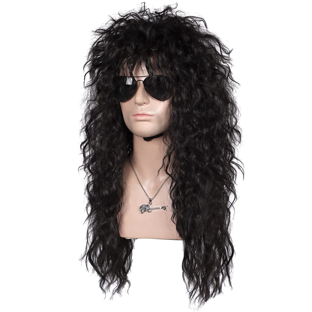 Adjustable Long Black Wig with Necklace - Perfect for 80s Cosplay & Fashion