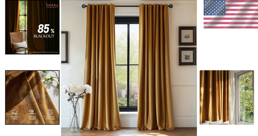 Luxury Gold Velvet Thermal Curtains, Soundproof Room Darkening Panels - 52x90 in