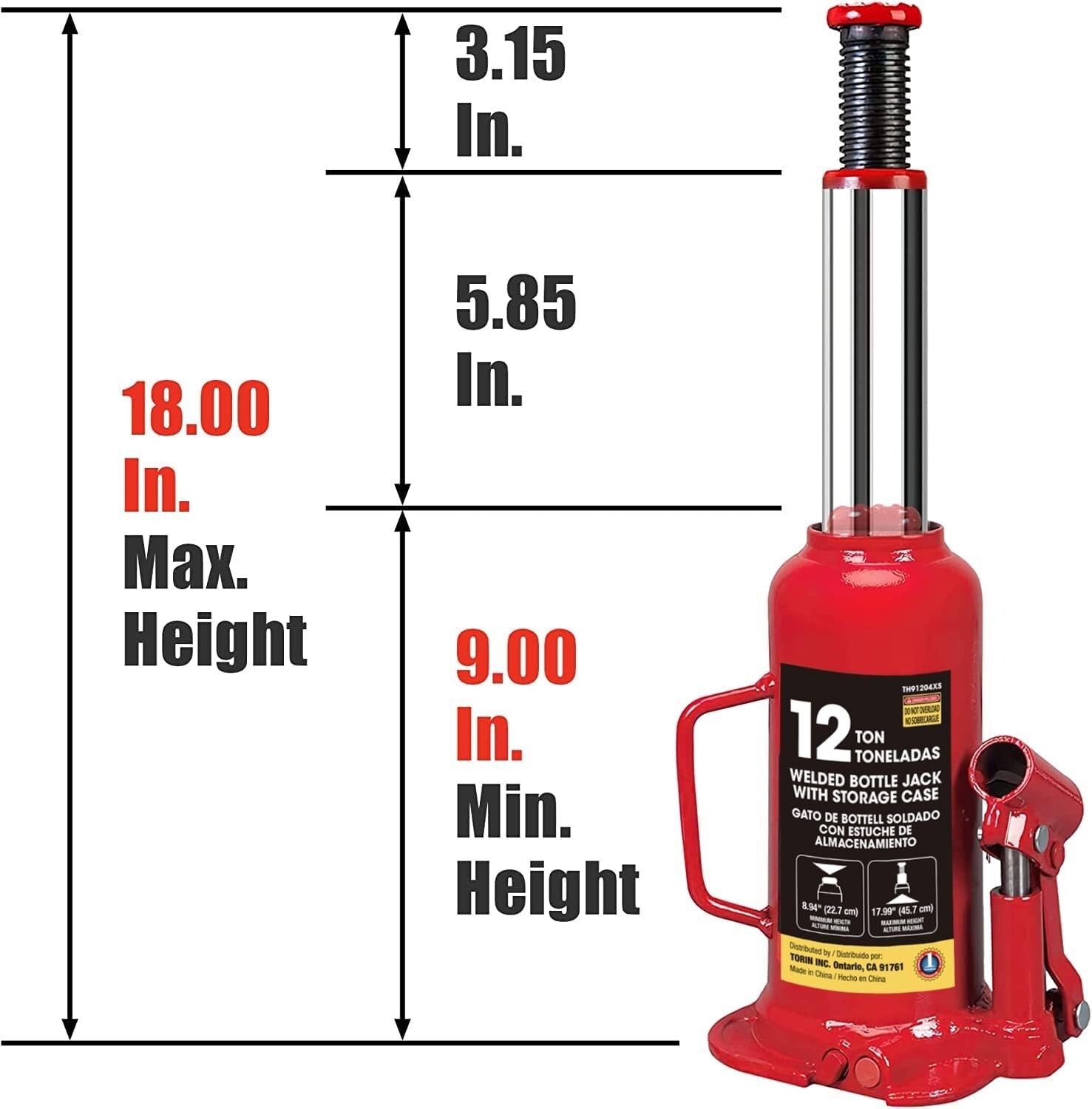 12 Ton Hydraulic Bottle Jack with Carrying Case - Max Lifting Height 18 Inches