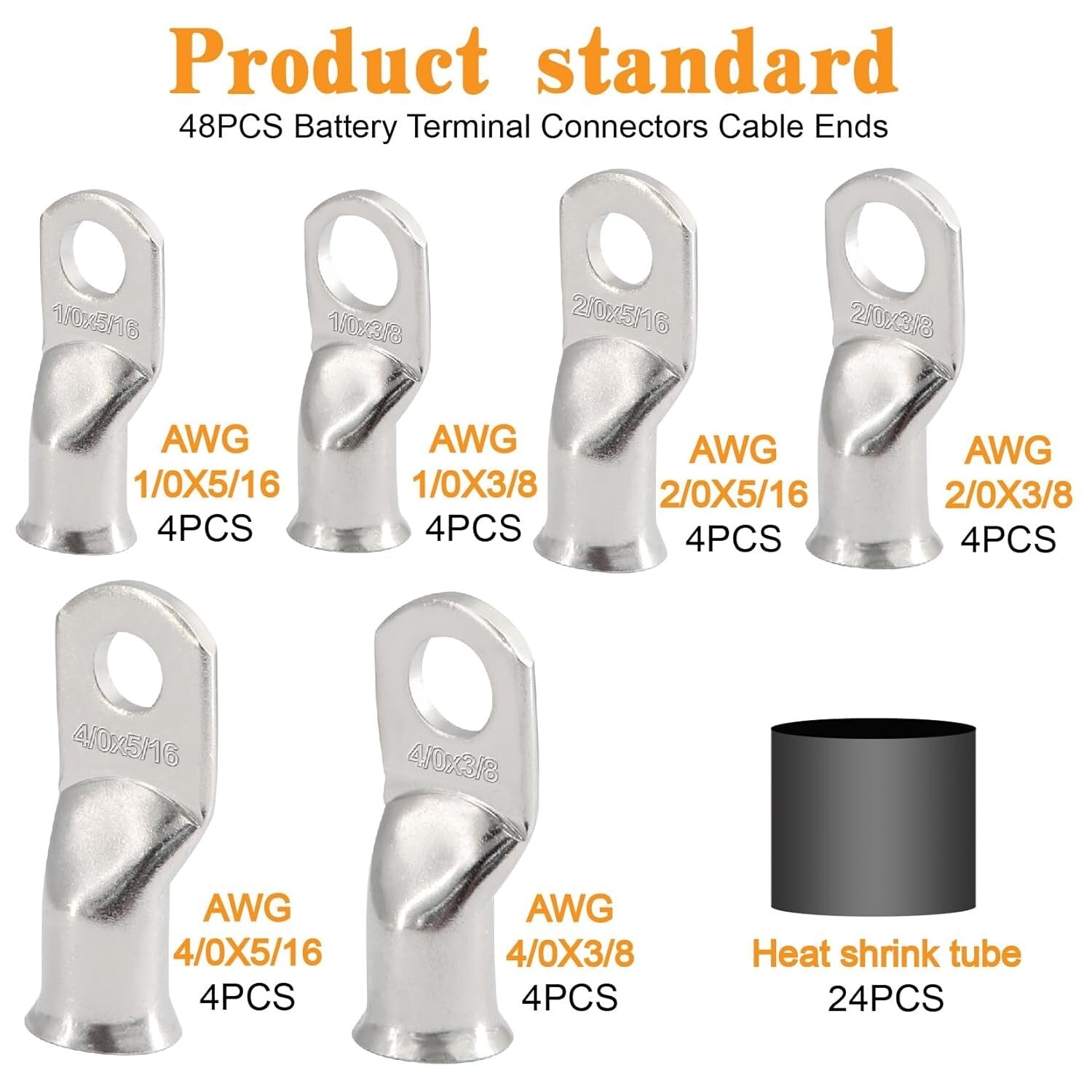 48PCS UL Certified Copper Cable Ends Kit - AWG 1/0 2/0 4/0 with Shrink Tubing