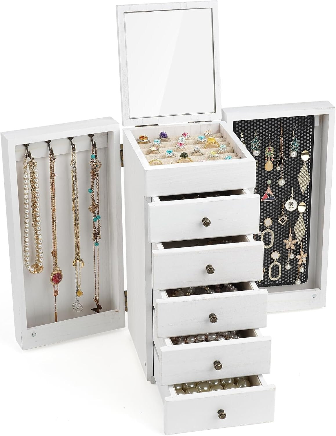 Sturdy White Jewelry Box with 6 Tiers, Mirror & Earring Display Side Doors