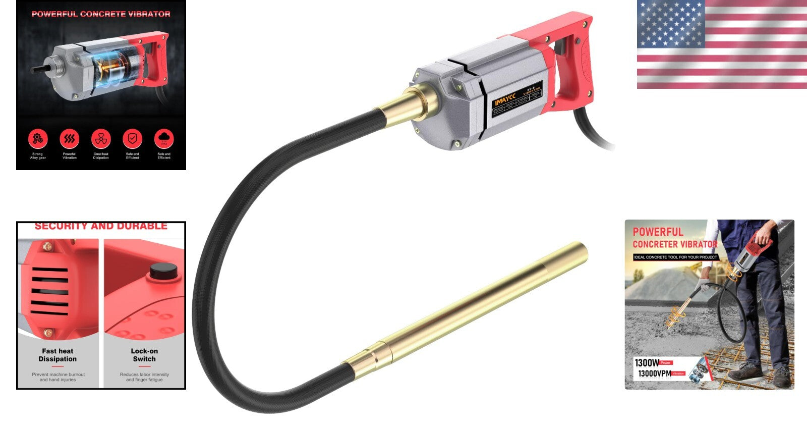 Efficient 1300W Concrete Vibrating Tool - 6.6 FT Long Copper Shaft for Easy Use