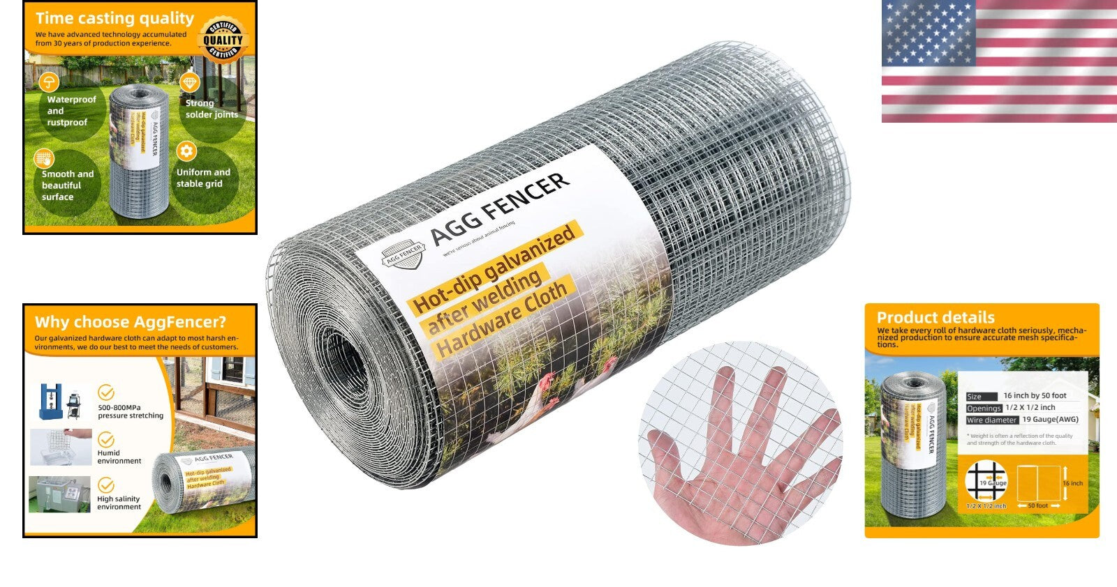 16in x 50ft Galvanized Hardware Cloth - Durable 1/2 Inch Chicken Wire Fencing