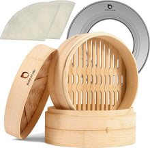 Load image into Gallery viewer, Authentic Bamboo Steamer with Extra Depth for Steaming Fish, Dumplings &amp; Veggies