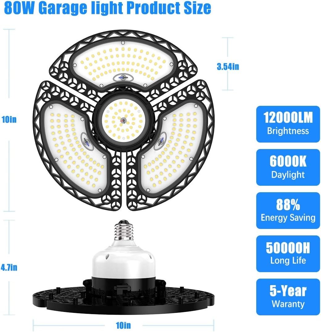 Energy-Efficient 80W LED Garage Light - 3 Adjustable Panels, 12000 Lumens