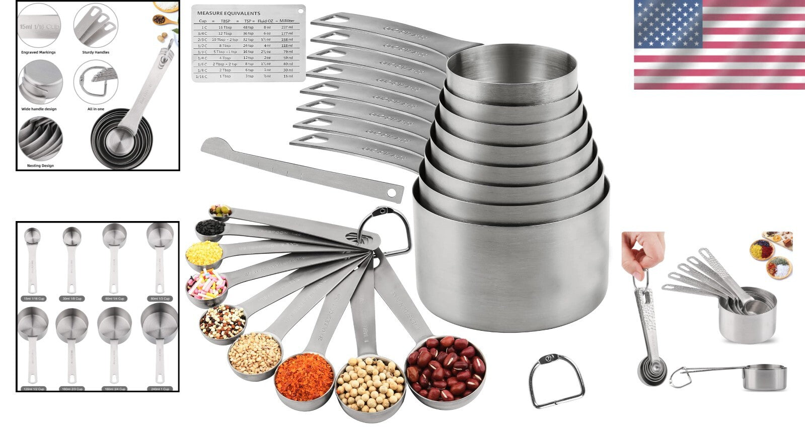 Complete 21-Piece Stainless Steel Measuring Set with Magnetic Conversion Chart