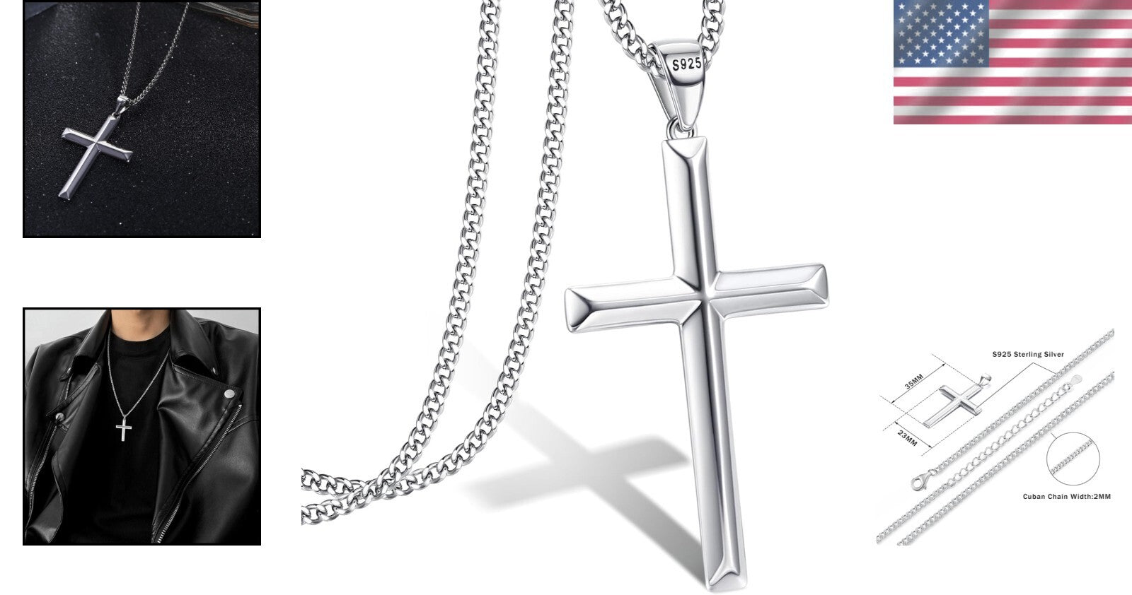 Durable 2mm Silver Cuban Link Cross Pendant Necklace for Men & Women, 16-24 Inch