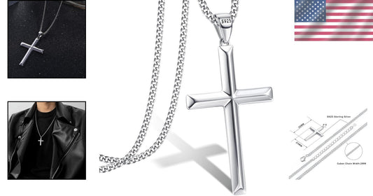 Durable 2mm Silver Cuban Link Cross Pendant Necklace for Men & Women, 16-24 Inch