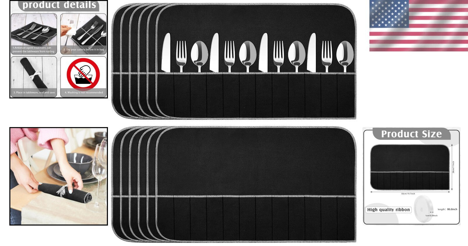 12 Slot Anti Tarnish Silver Storage Roll with Ribbon - Perfect for Utensils