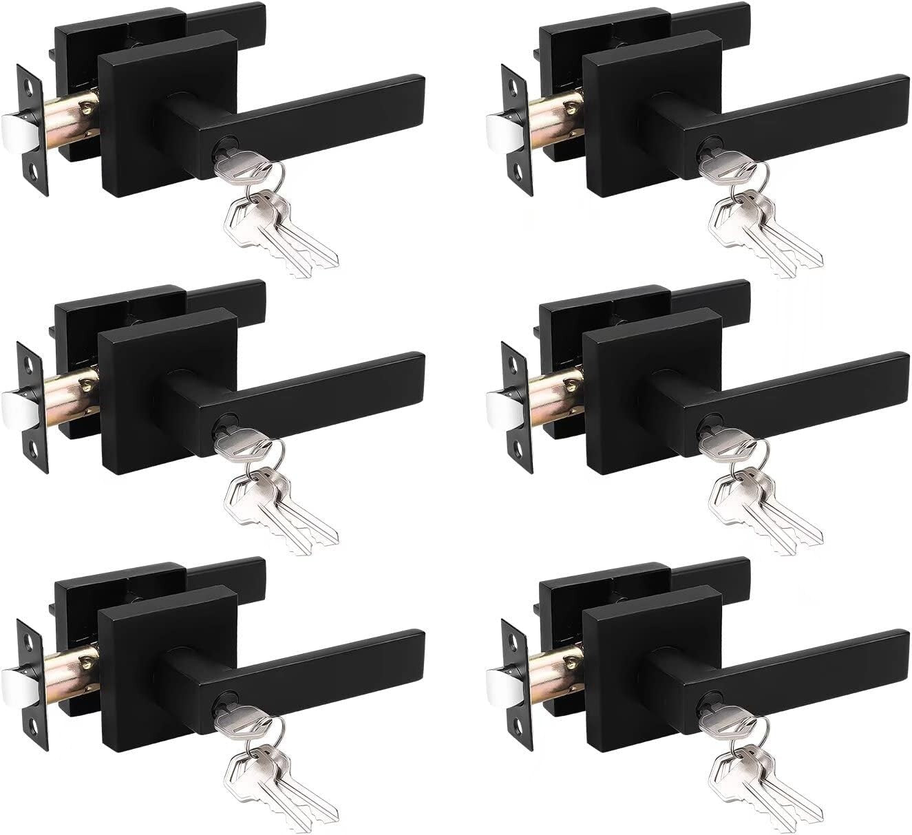 6 Pack Matte Black Keyed Alike Door Handles - Secure and Stylish Entry Solution