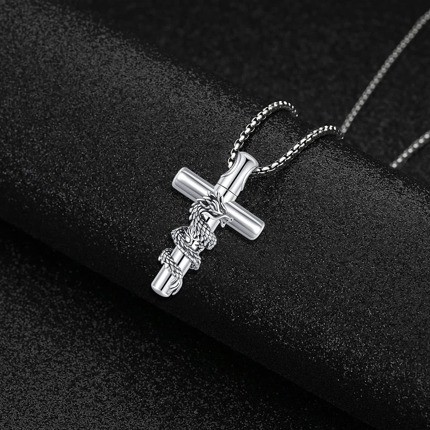 Elegant S925 Sterling Silver Dragon Cross Urn Necklace for Ashes Keepsake