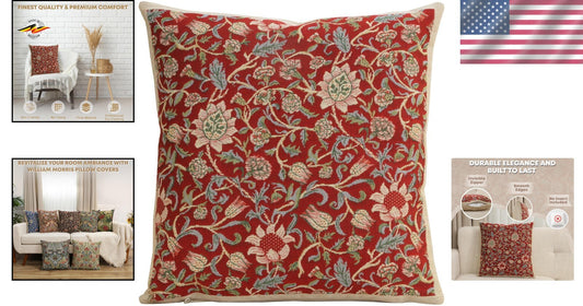 Chic 16x16 Throw Pillow Cover in Fleurs De Morris Red - Hand-Finished Design