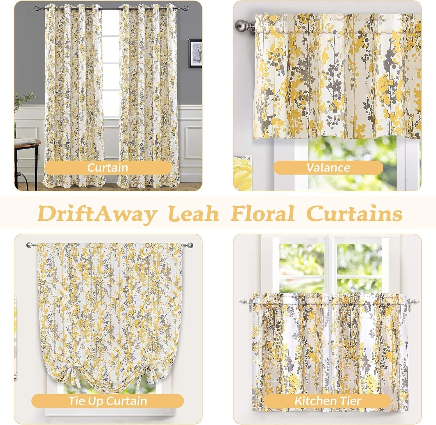 Elegant Abstract Floral Yellow Curtains - 84” Room Darkening Drapes (2 Panels)