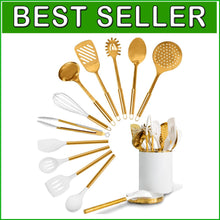 Load image into Gallery viewer, Luxury White Silicone and Gold Stainless Steel Kitchen Utensils Set – 13 Pieces