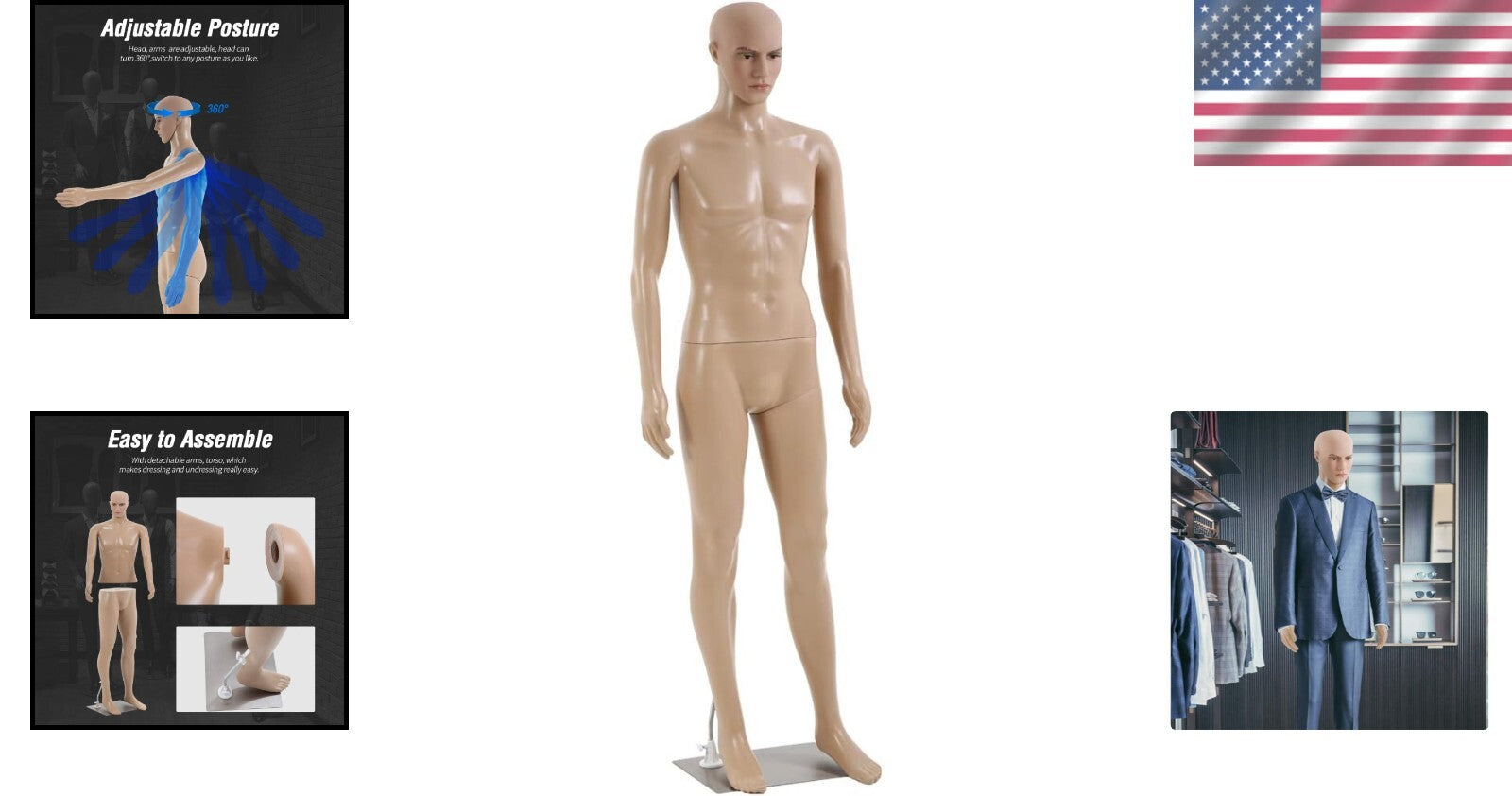 Lightweight 73-Inch Full Body Male Mannequin with 360° Adjustable Head and Arms