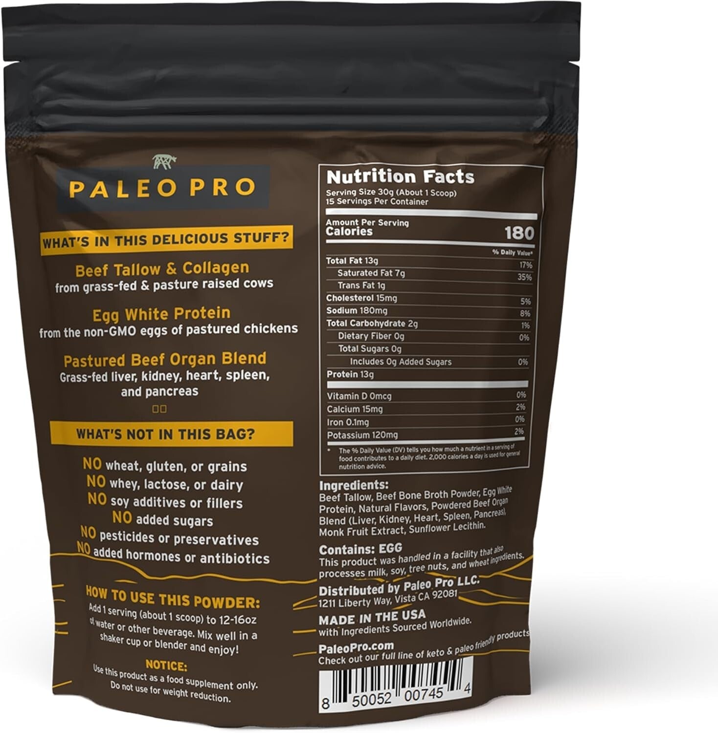 Paleo & Keto Protein Powder - Cage-Free Egg & Grass-Fed Beef Organs, 15 Servings