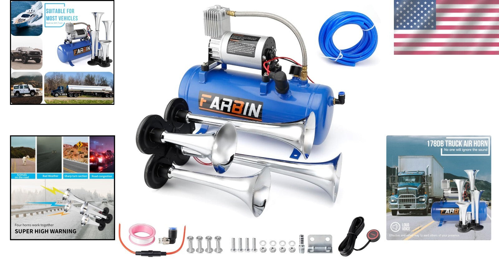Universal 178DB Air Horn Kit for Trucks, Cars, Boats - Complete with Compressor