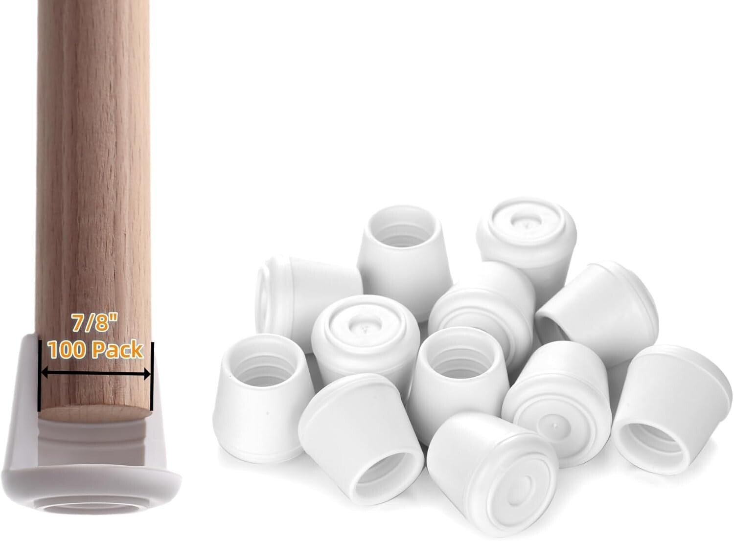 7/8" Inner Diameter Chair Leg Caps - 100 Pack Non-Slip Rubber Round Protectors