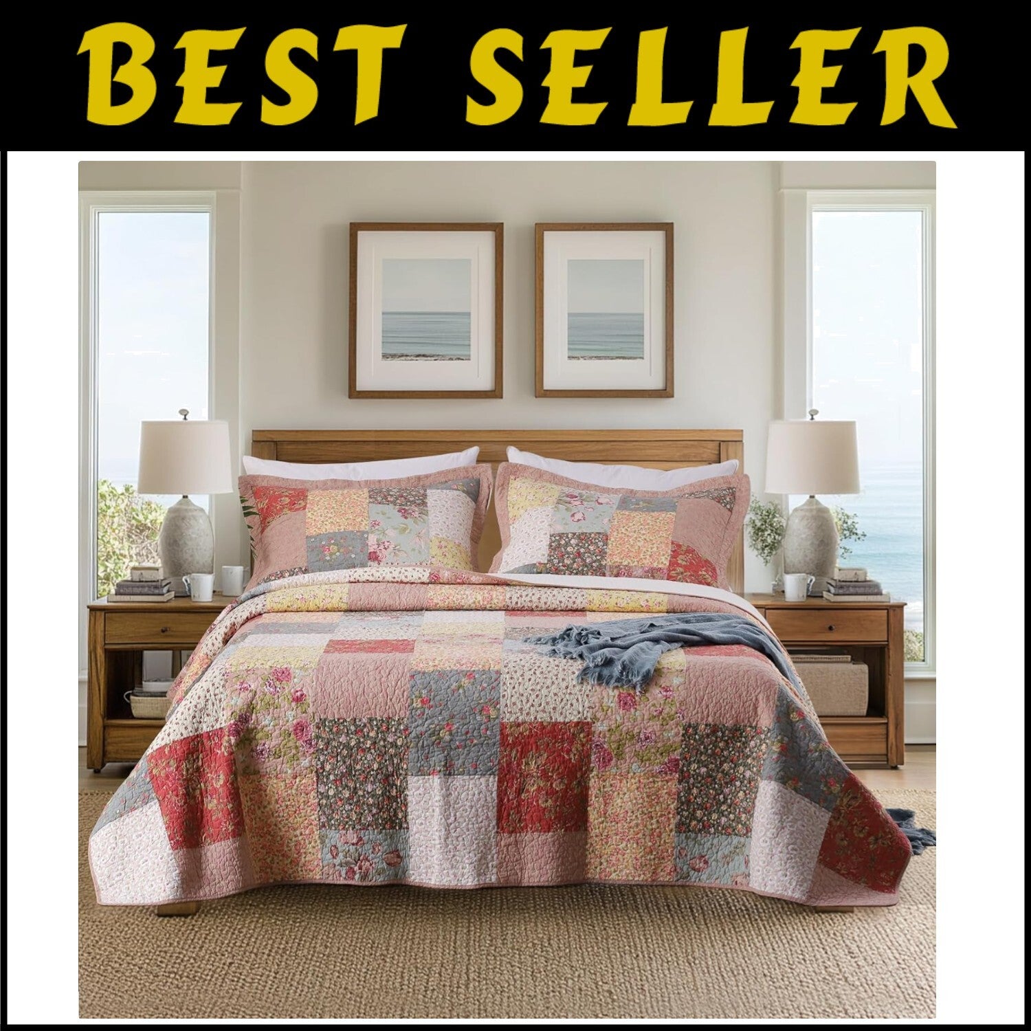 Machine Washable 100% Cotton King Quilt – Luxury Boho Floral Design 110x96"