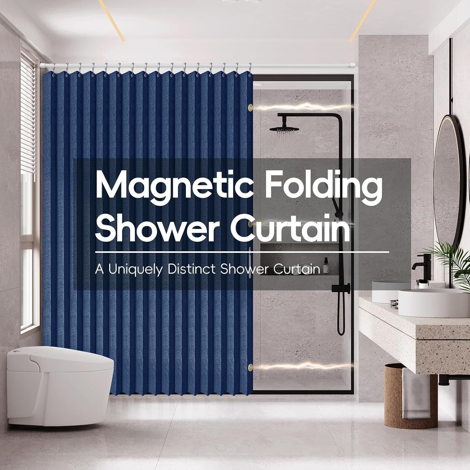 Waterproof Accordion Shower Curtain - Space-Saving Magnetic 1 Panel, Dark Blue