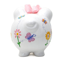 Load image into Gallery viewer, Vibrant Hand-Painted Ceramic Piggy Bank for Girls – 8-inch Flutter Flies Design