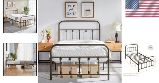 Classic Bronze Twin Bed Frame with Storage and High Headboard for Modern Living