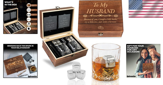 Whisky Glass Set with Stainless Steel Stones and Coasters - Ideal Romantic Gift