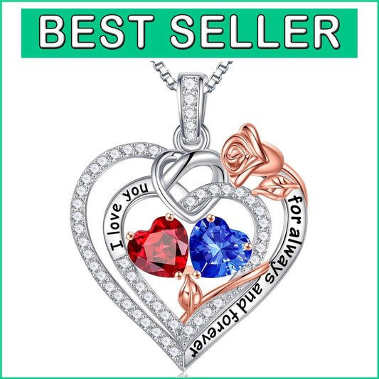 925 Sterling Silver Double Birthstone Heart Necklace - Meaningful Gift for Her
