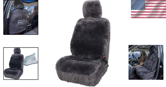 Easy Fit Universal Charcoal Sheepskin Front Seat Cover with Storage Pocket