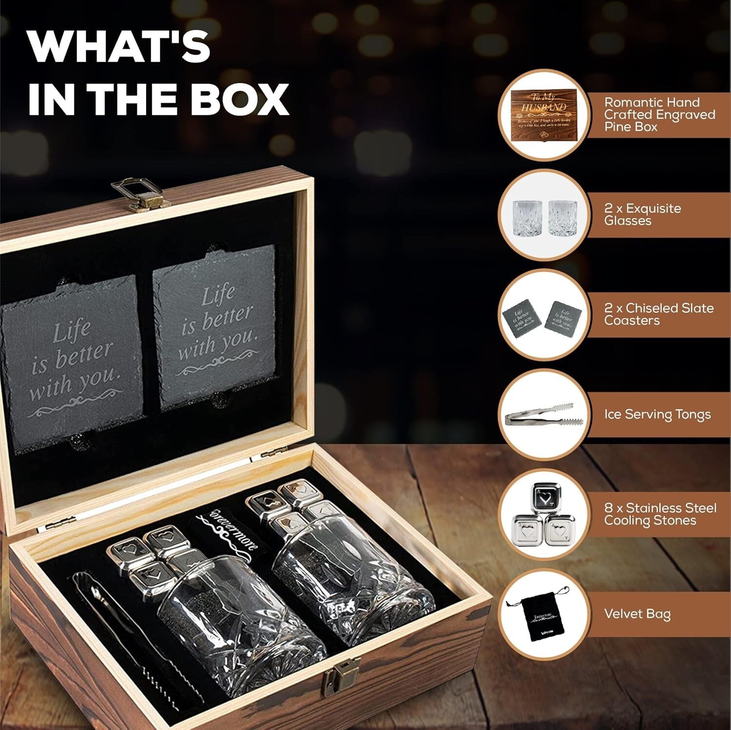 Whisky Glass Set with Stainless Steel Stones and Coasters - Ideal Romantic Gift