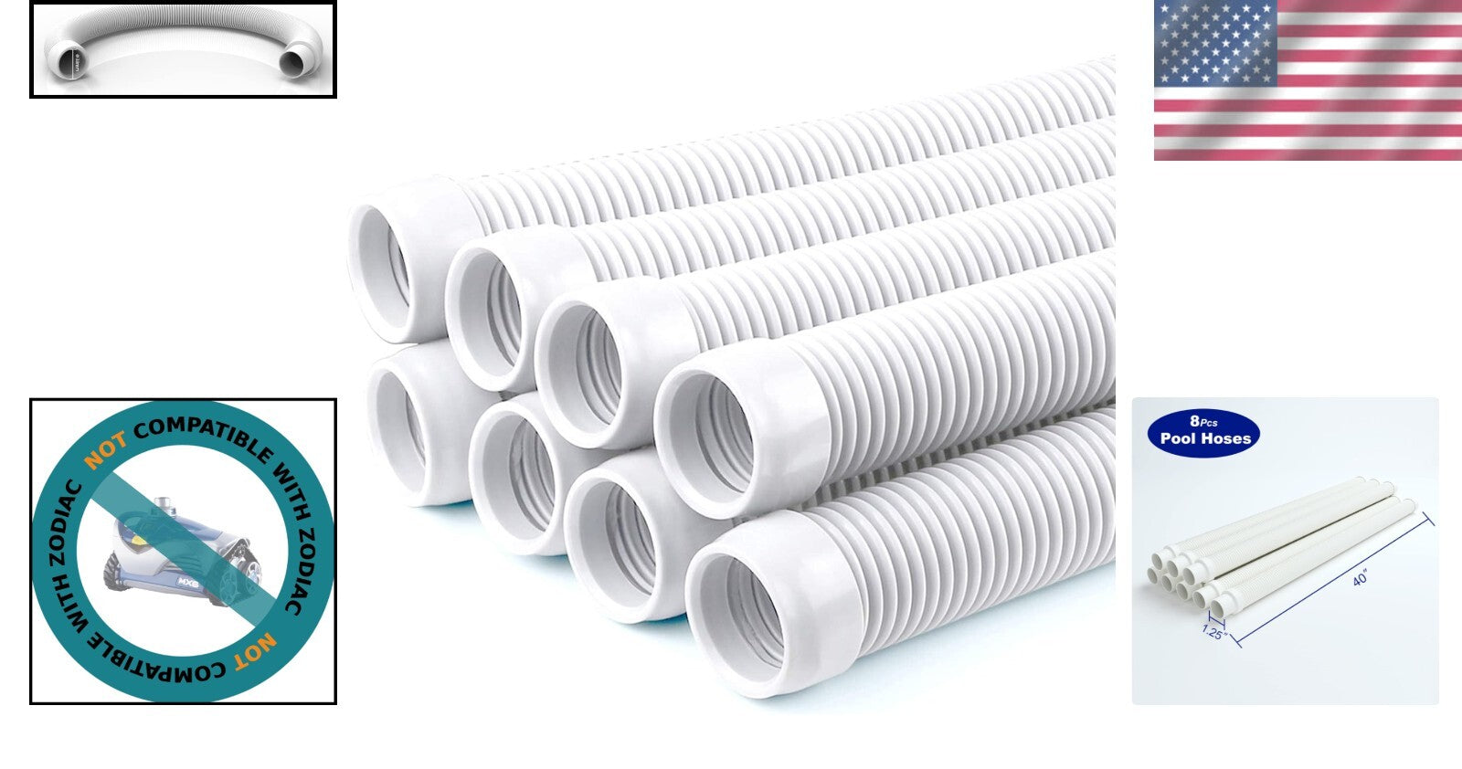 8-Piece 1.5” Flexible Pool Vacuum Replacement Hose Set for Automatic Cleaners