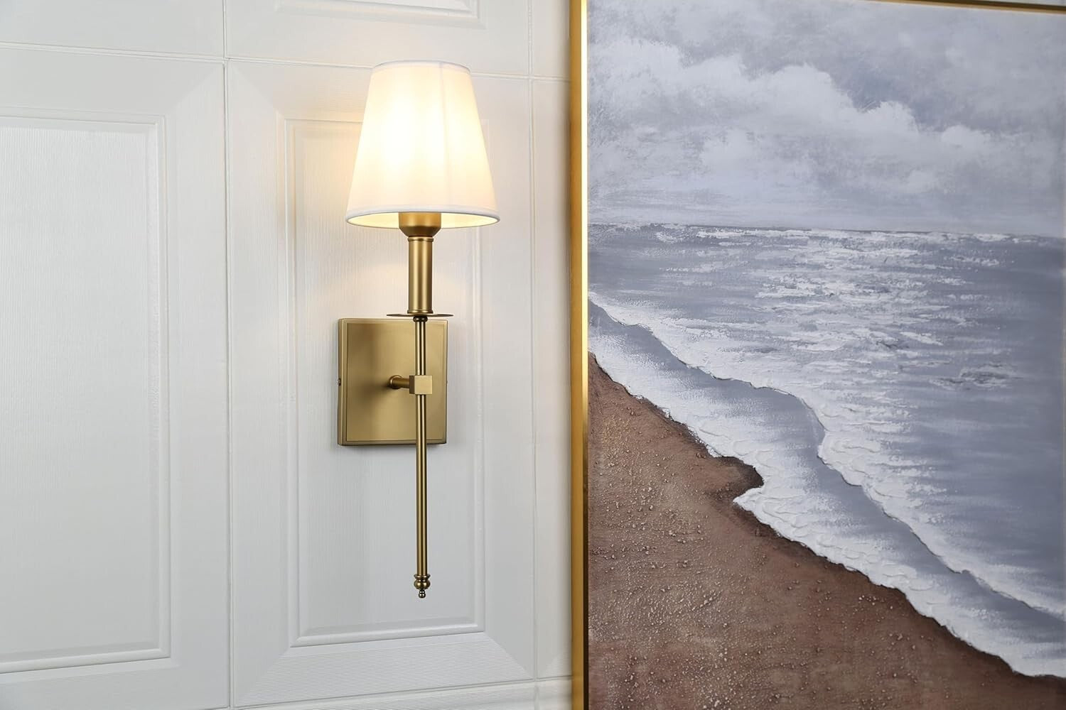 Classic Brass and White Fabric Wall Sconce Set for Living and Dining Rooms